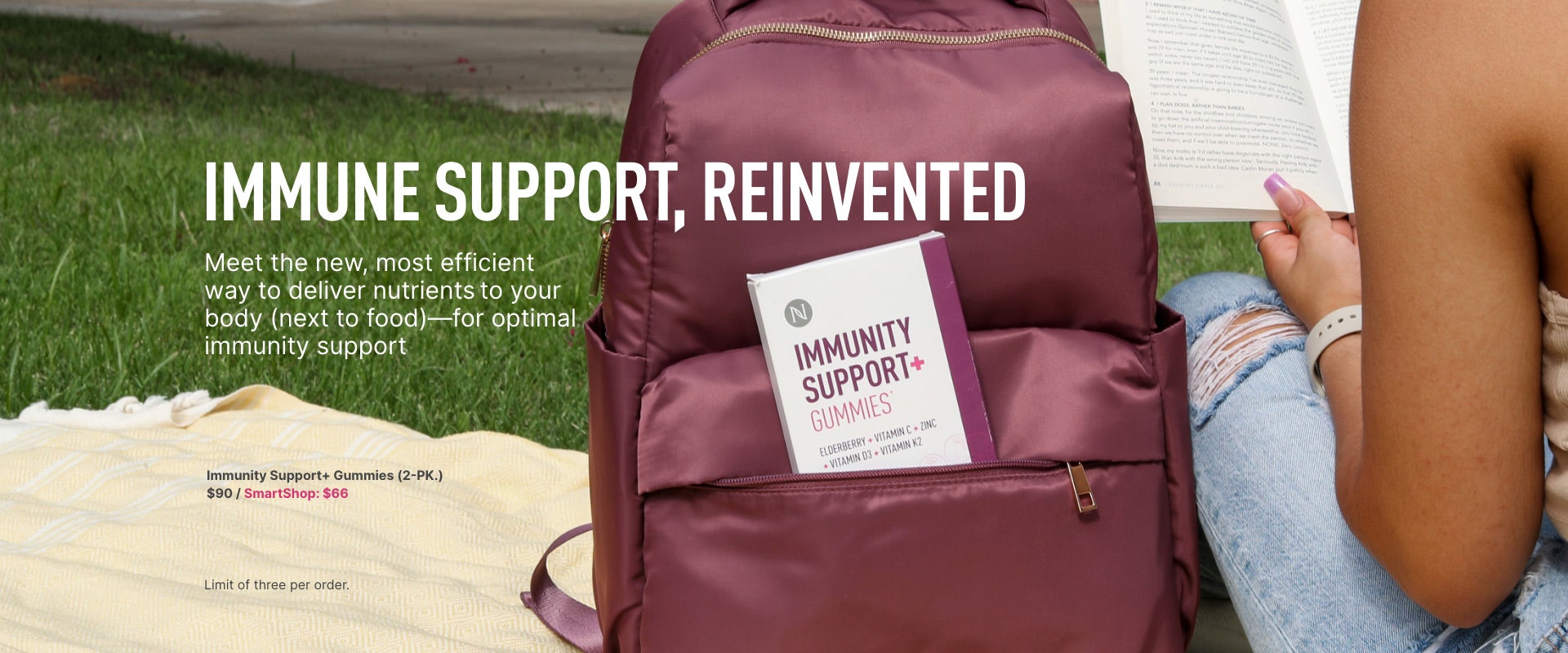 Neora’s NEW Immunity Support+ Gummies in a backpack with a woman sitting next to it reading a book.